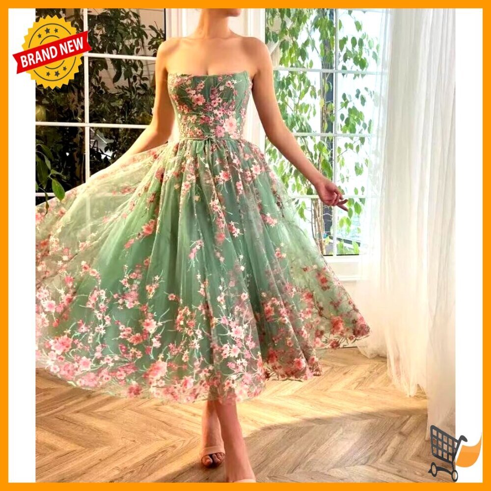 Strapless Tea Length Prom Dress with Pocket Floral Tulle Ball Gown - Picture 2 of 5